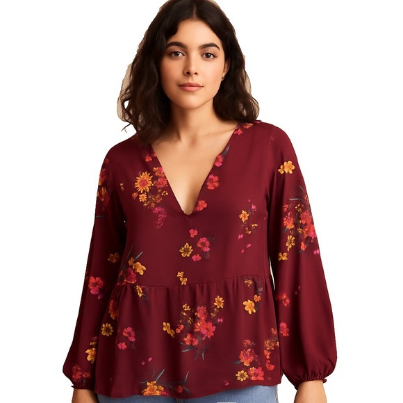 Old Navy Womens XXL Burgundy Floral Split Neck Sheer Blouse Long Sleeve Boho - Picture 2 of 12